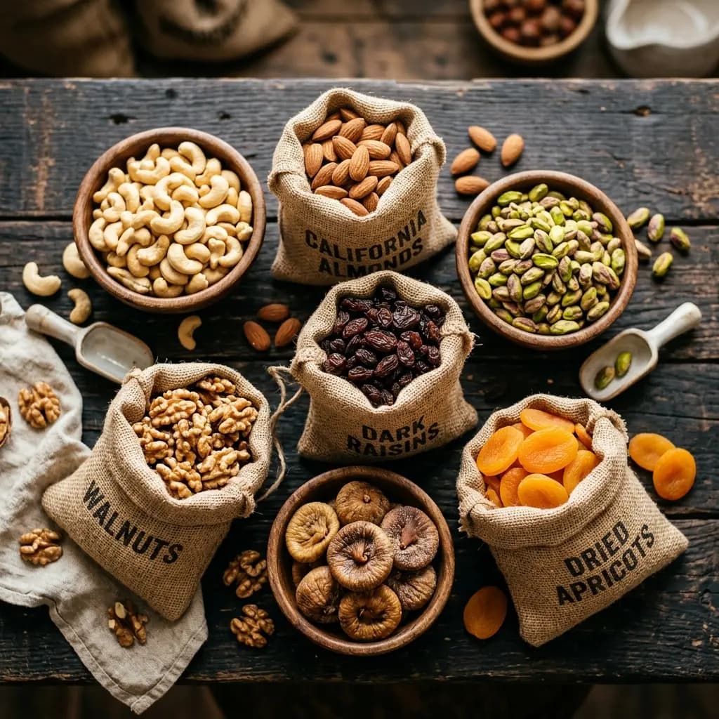 Premium dried fruits and nuts display — cashews, almonds, pistachios, walnuts