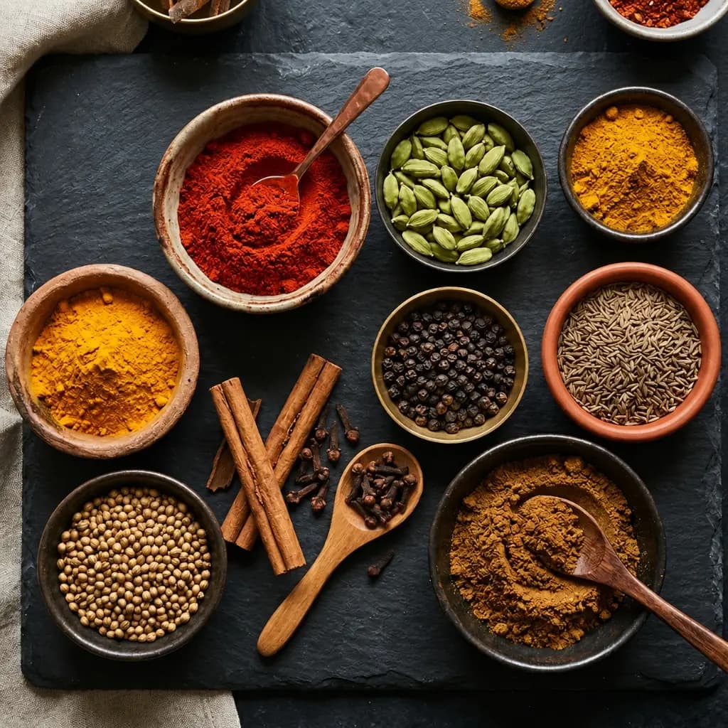 Colorful Indian spices — turmeric, cumin, red chili, coriander, garam masala